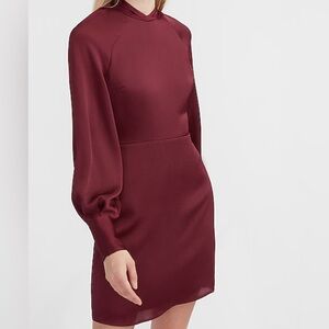 Express Red Sheath Dress with Bishop Sleeves and Mock Neck
